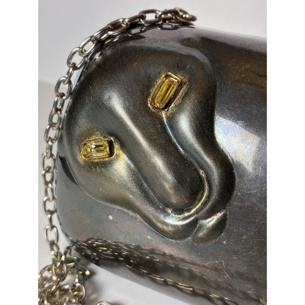 Vintage Mexican Metal Purse w/Art Deco Gem Eyed Panther, Velvet, Chain Strap - Picture 2 of 14